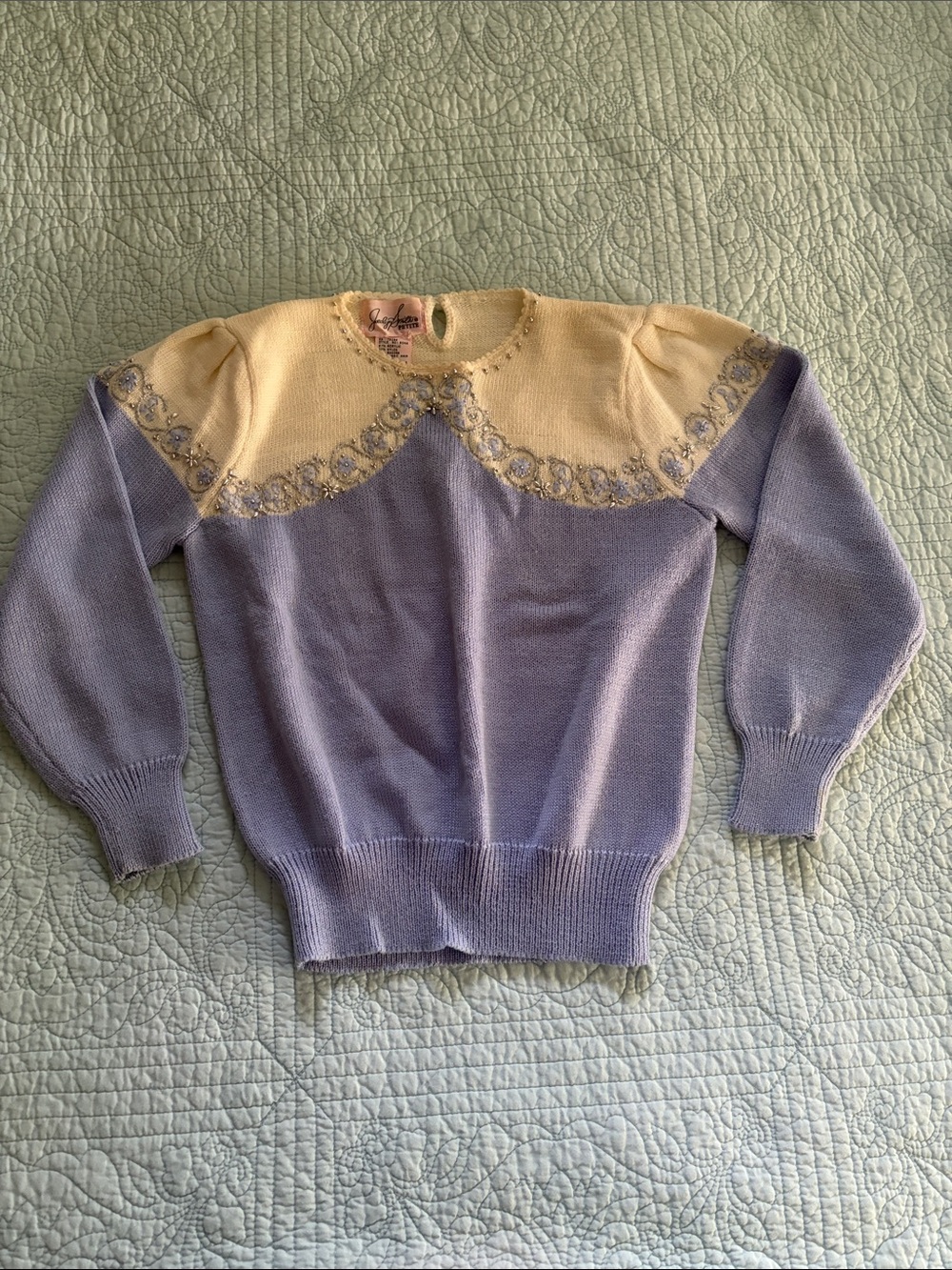 Jaclyn Smith Blue and Cream Embroidered Yoke Sweater